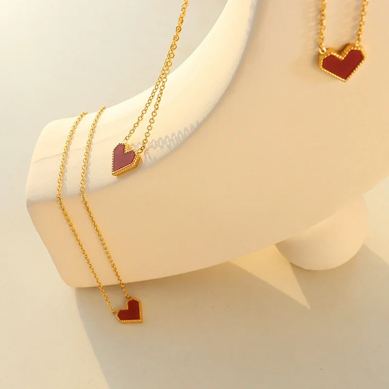 Heart Pendant Necklace with Red Beaded Motif, Gold-Plated Steel