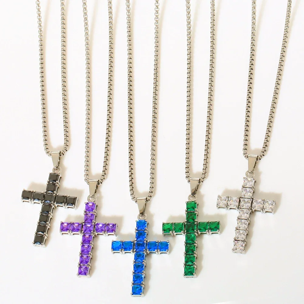 Square-Cut CZ Cross 316 Stainless Steel Box Chain Necklace
