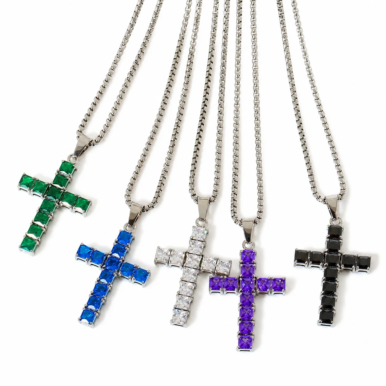 Square-Cut CZ Cross 316 Stainless Steel Box Chain Necklace
