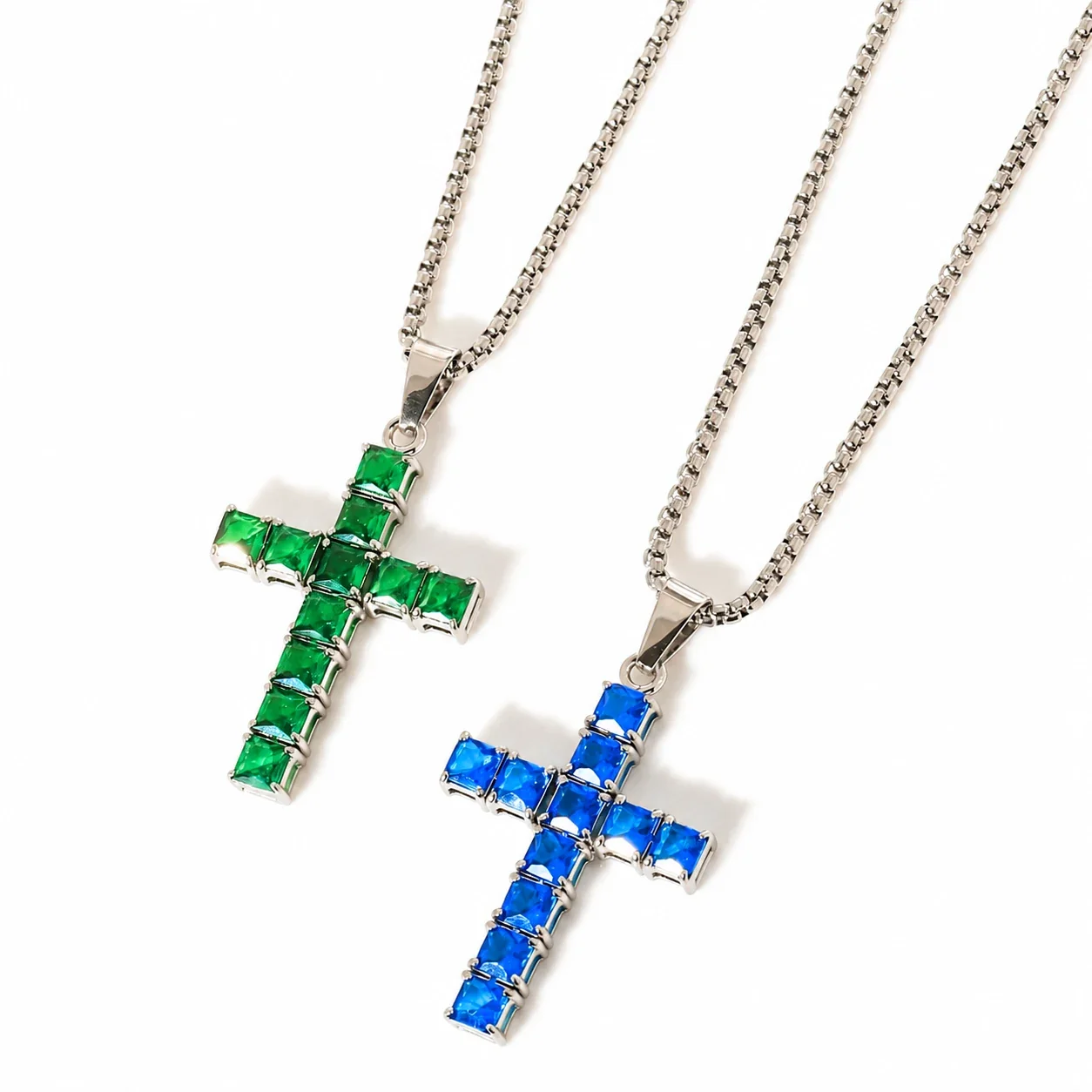 Square-Cut CZ Cross 316 Stainless Steel Box Chain Necklace