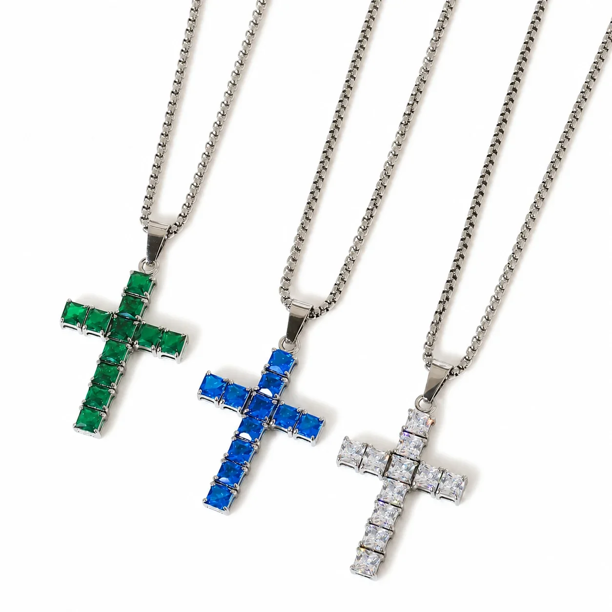 Square-Cut CZ Cross 316 Stainless Steel Box Chain Necklace