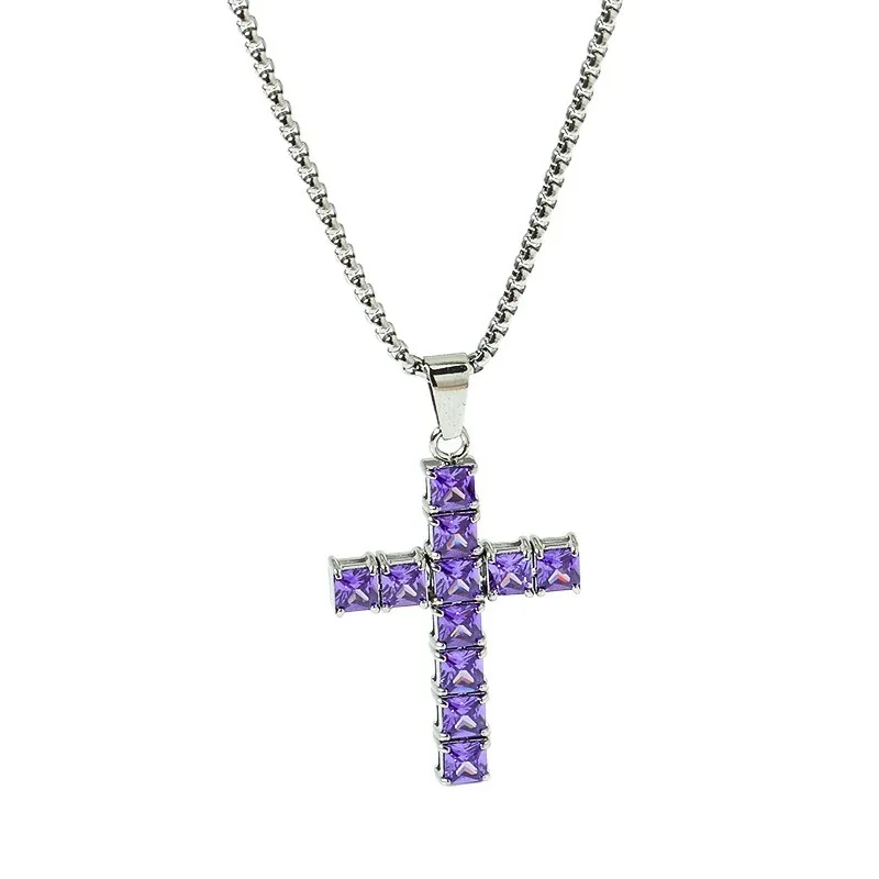 Square-Cut CZ Cross 316 Stainless Steel Box Chain Necklace