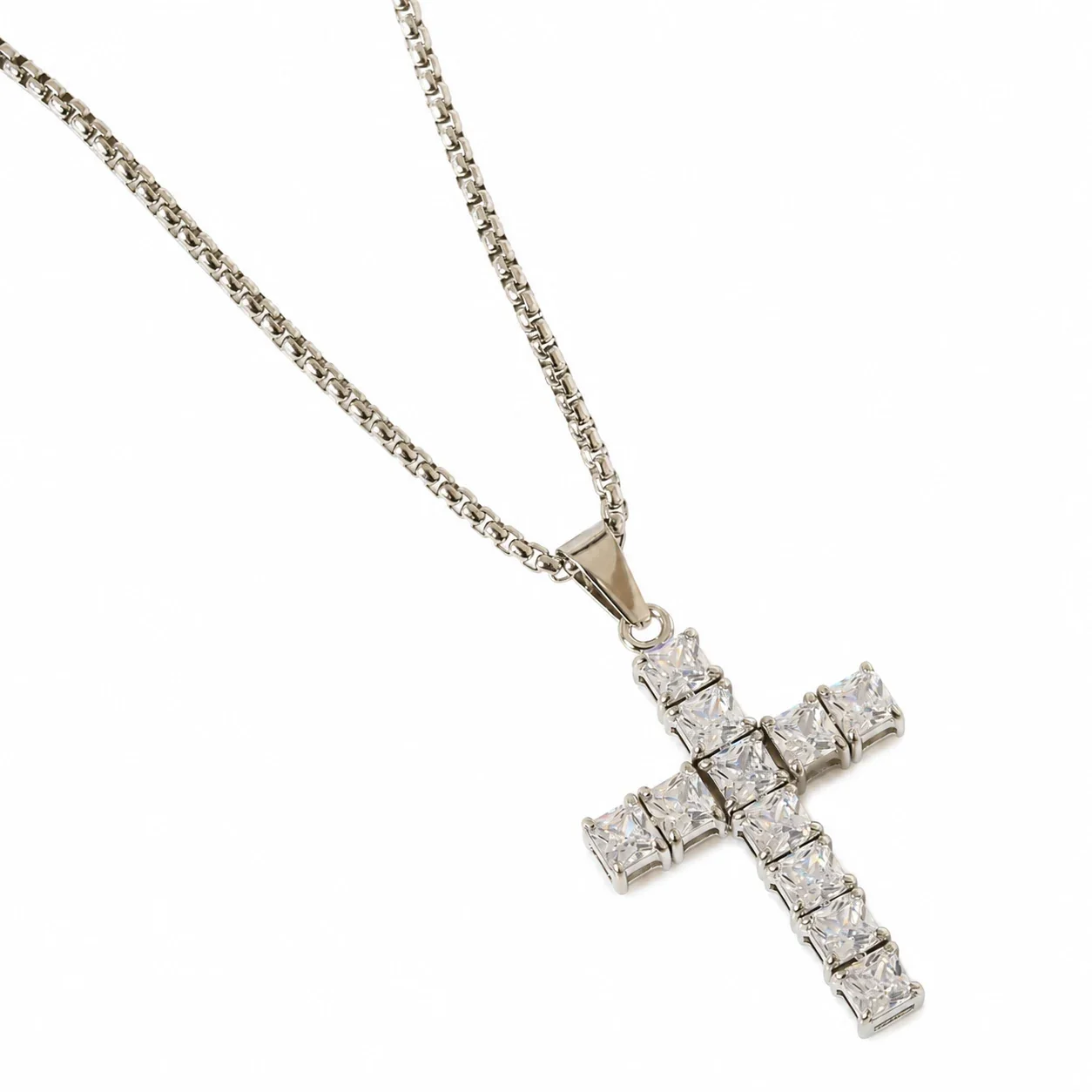 Square-Cut CZ Cross 316 Stainless Steel Box Chain Necklace - White CZ