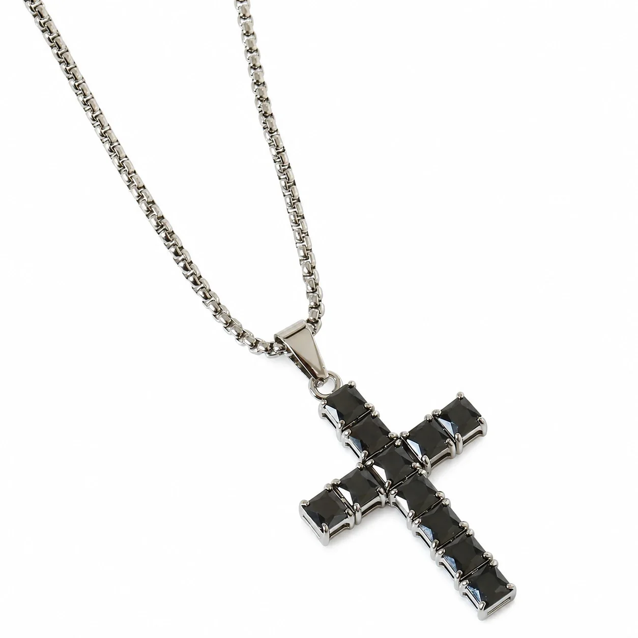 Square-Cut CZ Cross 316 Stainless Steel Box Chain Necklace - Black CZ