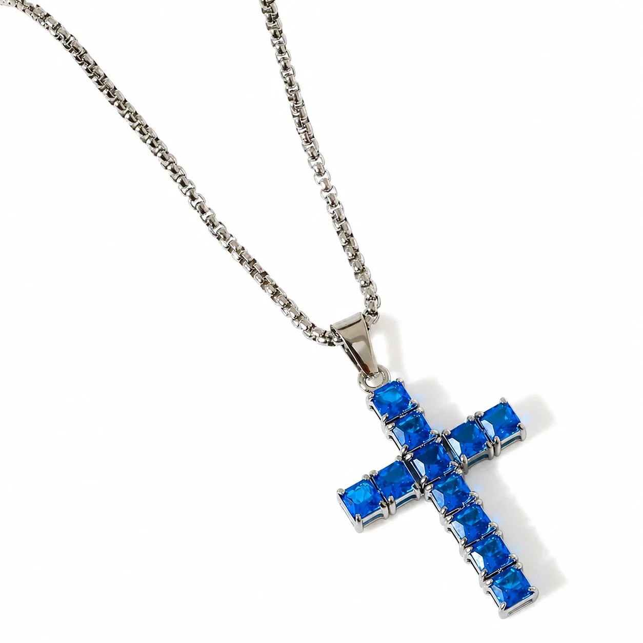 Square-Cut CZ Cross 316 Stainless Steel Box Chain Necklace - Blue CZ