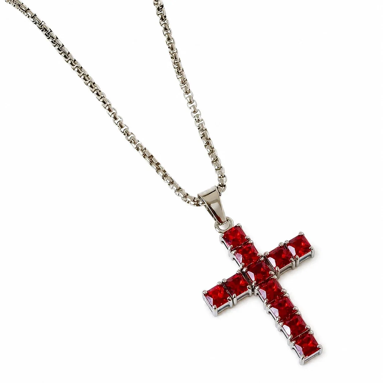 Square-Cut CZ Cross 316 Stainless Steel Box Chain Necklace - Red CZ