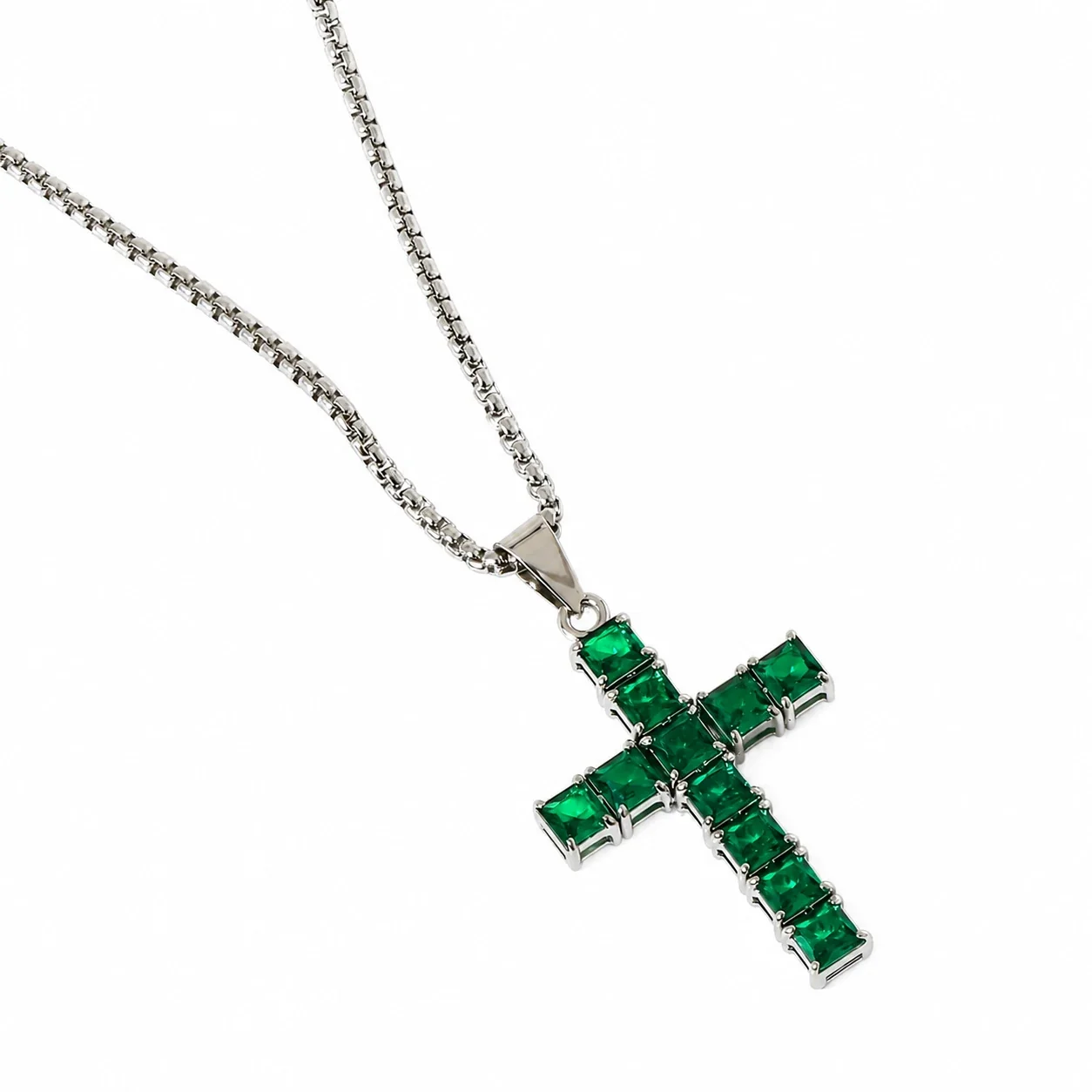 Square-Cut CZ Cross 316 Stainless Steel Box Chain Necklace - Green CZ