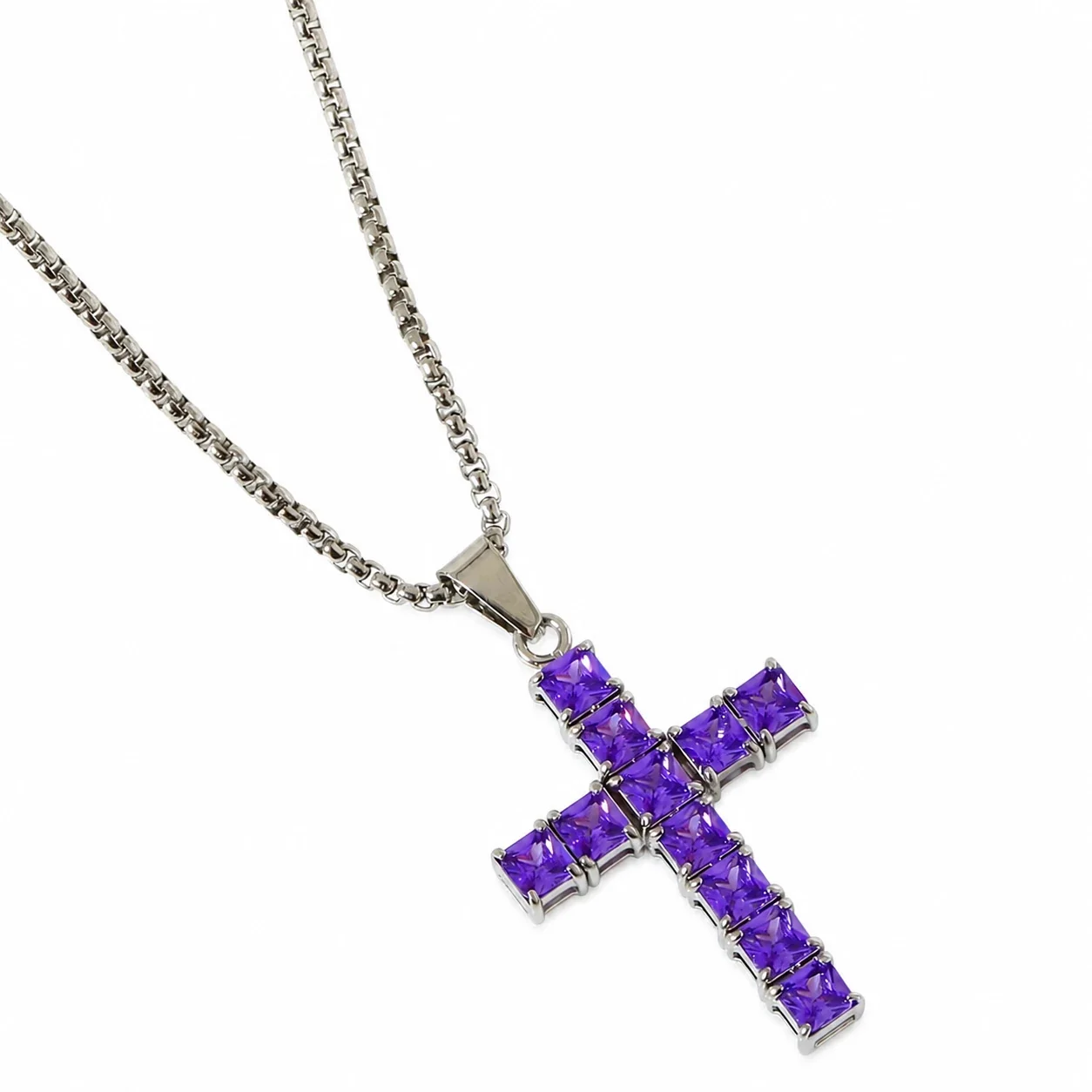 Square-Cut CZ Cross 316 Stainless Steel Box Chain Necklace - Purple CZ