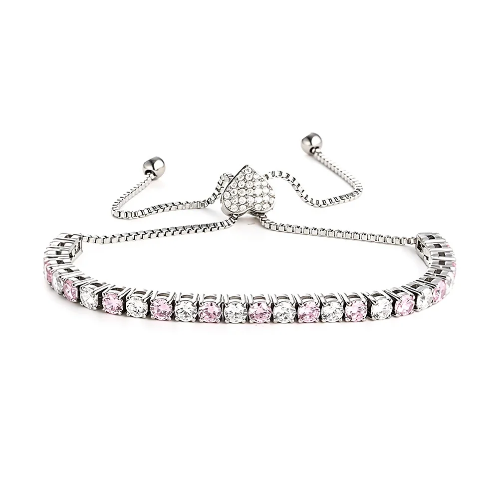Refined 316 Stainless Steel CZ Heart Slider Bracelet - Silver mm Heart Slider Pink and White CZ