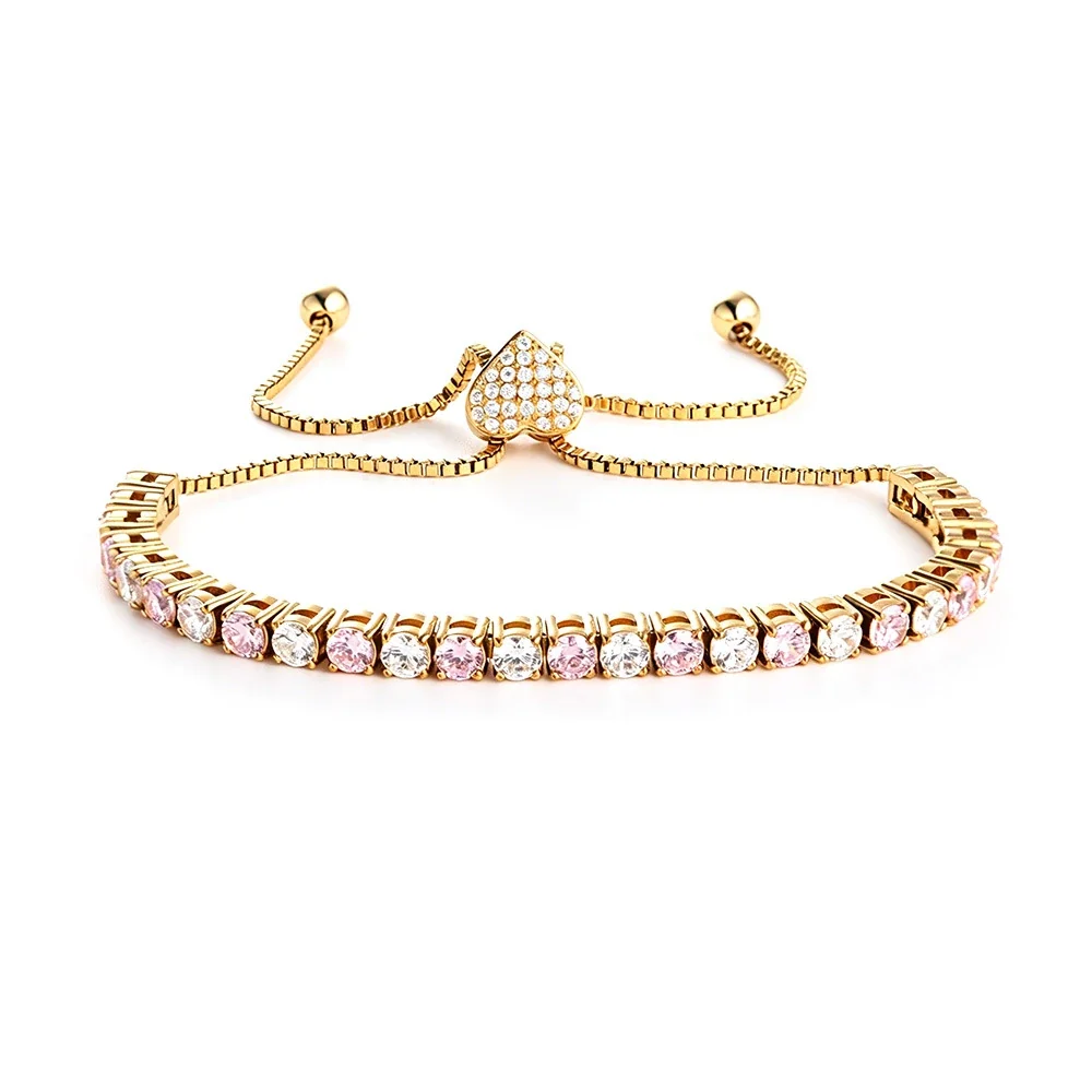 Refined 316 Stainless Steel CZ Heart Slider Bracelet - Gold mm Heart Slider Pink and White CZ