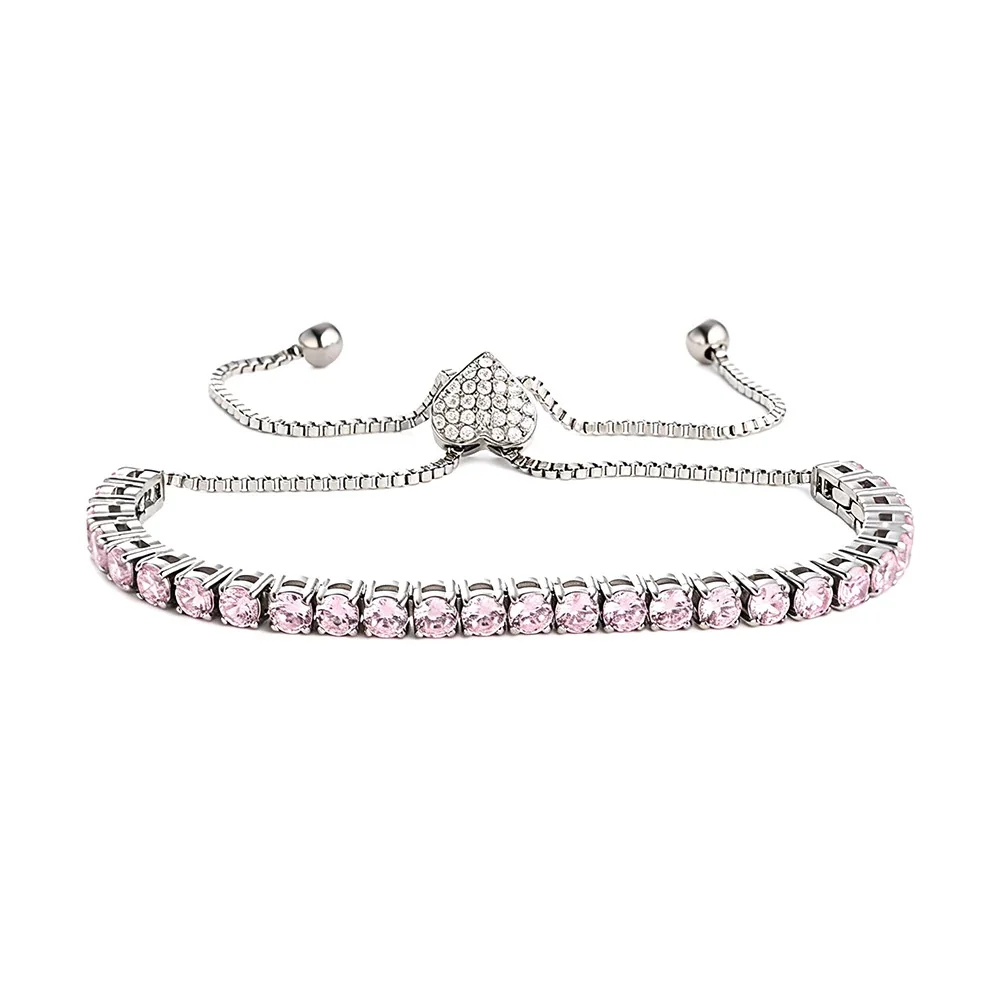 Refined 316 Stainless Steel CZ Heart Slider Bracelet - Silver mm Heart Slider Pink CZ