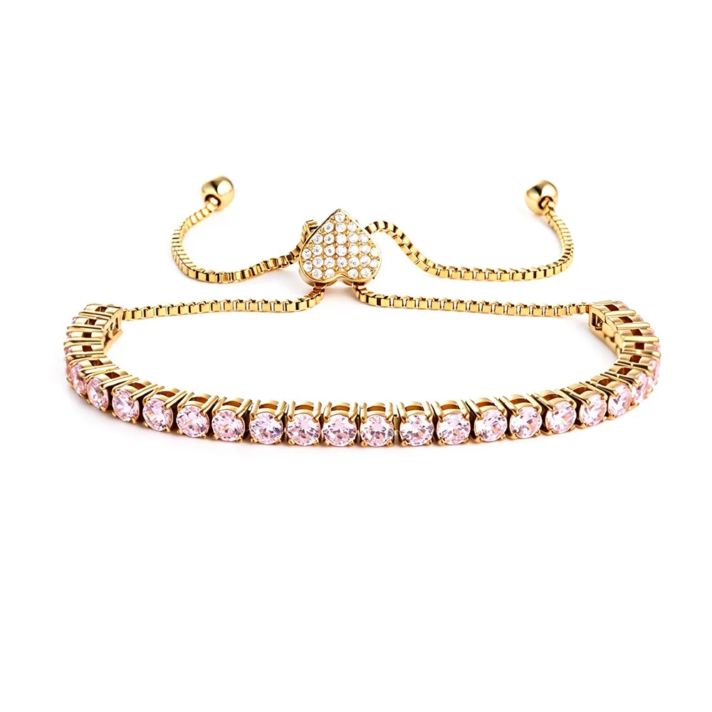 Refined 316 Stainless Steel CZ Heart Slider Bracelet - Gold mm Heart Slider Pink CZ