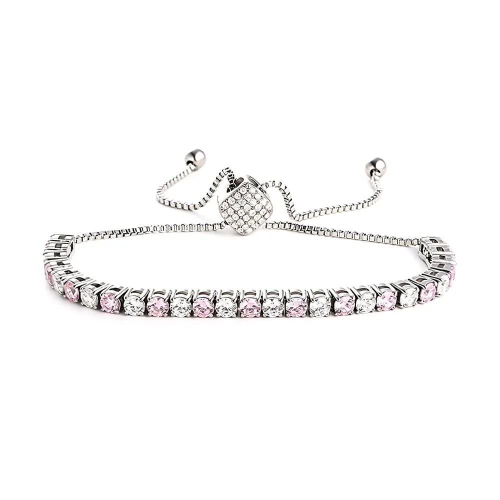 Refined 316 Stainless Steel CZ Heart Slider Bracelet - Silver mm Square Slider Pink and White CZ