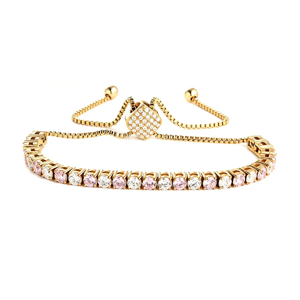 Refined 316 Stainless Steel CZ Heart Slider Bracelet - Gold mm Square Slider Pink and White CZ