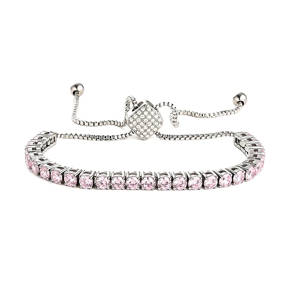Refined 316 Stainless Steel CZ Heart Slider Bracelet - Silver mm Square Slider Pink CZ