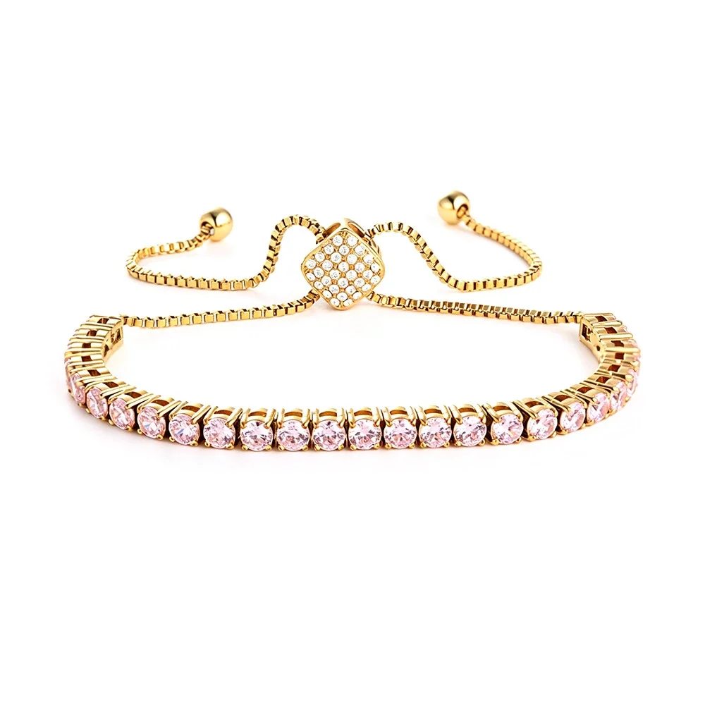 Refined 316 Stainless Steel CZ Heart Slider Bracelet - Gold mm Square Slider Pink CZ