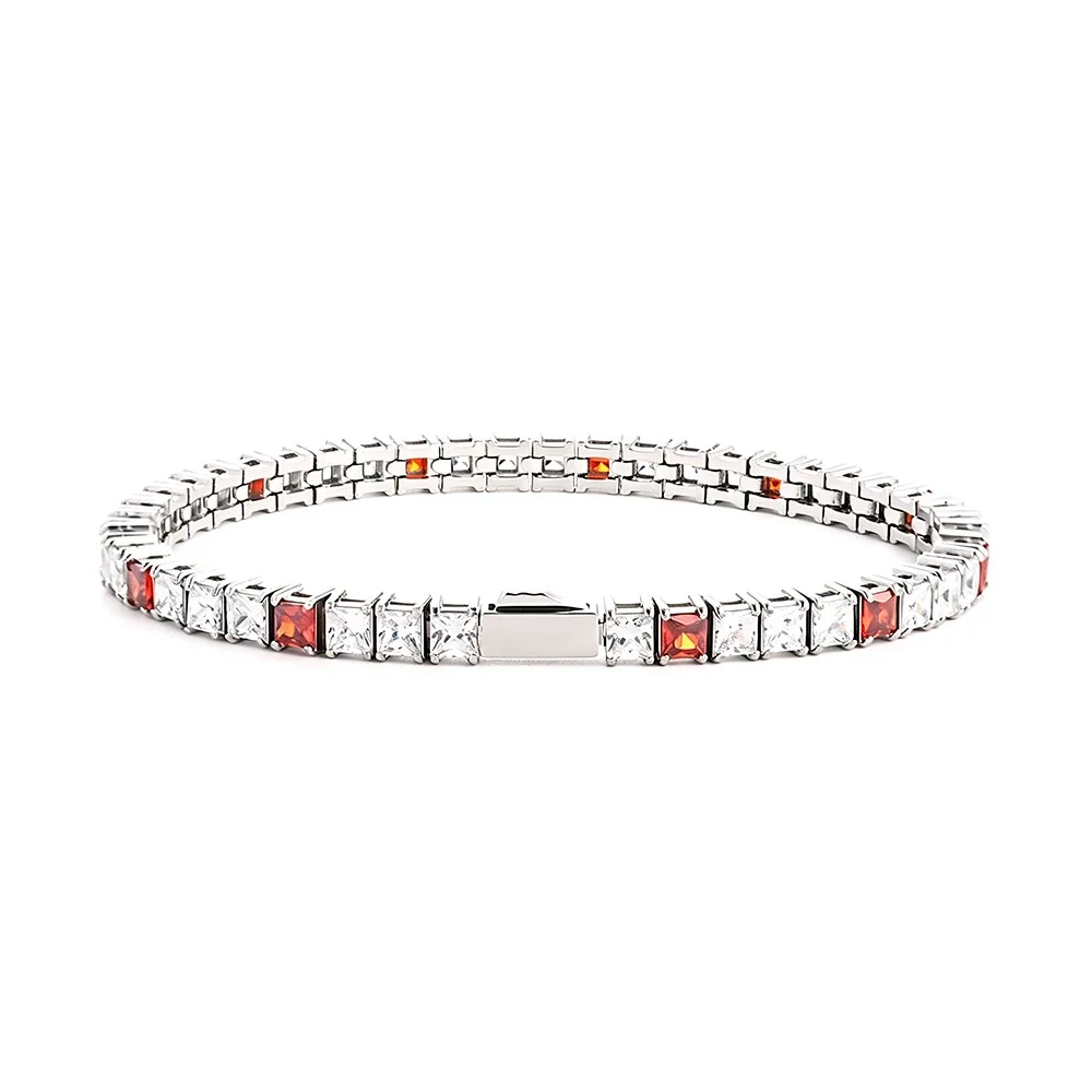 Graphic 316 Stainless Steel Square CZ Tennis Bracelet - Silver mm White CZ + Red CZ