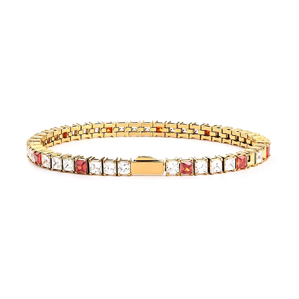 Graphic 316 Stainless Steel Square CZ Tennis Bracelet - Gold mm White CZ + Red CZ