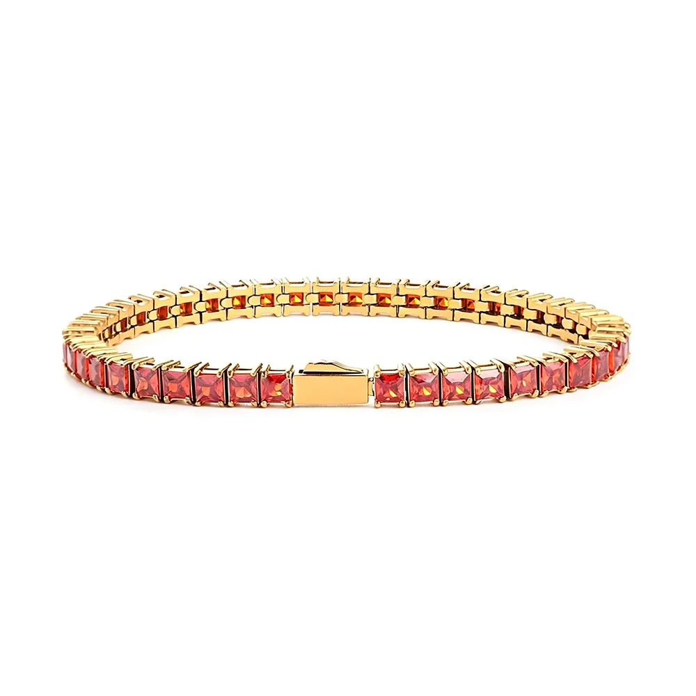 Graphic 316 Stainless Steel Square CZ Tennis Bracelet - Gold mm Red CZ