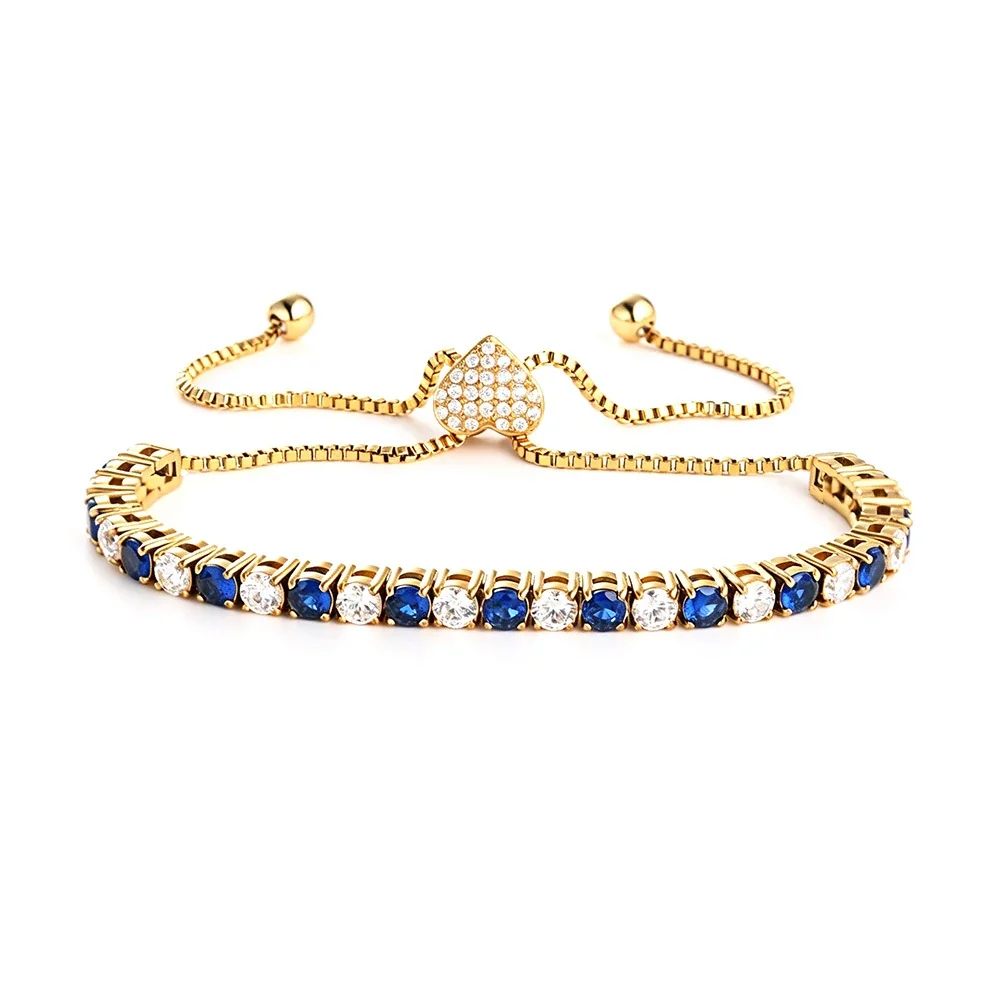 Refined 316 Stainless Steel Blue CZ Tennis Bracelet - Gold Heart Clasp Blue and White CZ mm