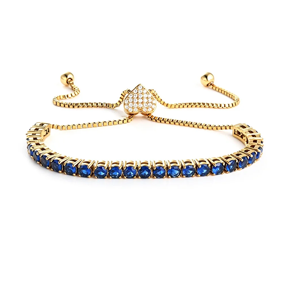 Refined 316 Stainless Steel Blue CZ Tennis Bracelet - Gold Heart Clasp Blue CZ mm