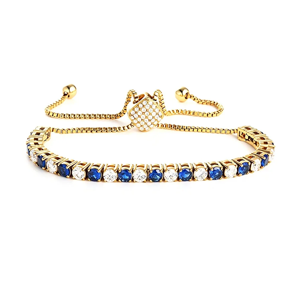 Refined 316 Stainless Steel Blue CZ Tennis Bracelet - Gold Square Clasp Blue and White CZ mm