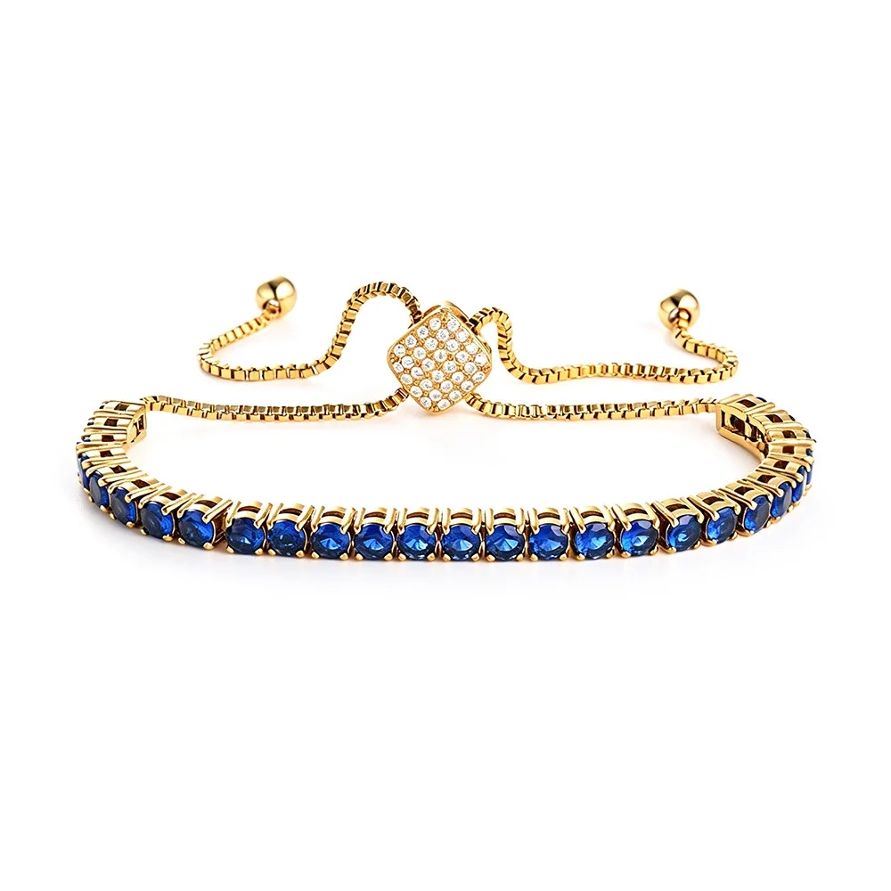 Refined 316 Stainless Steel Blue CZ Tennis Bracelet - Gold Square Clasp Blue CZ mm