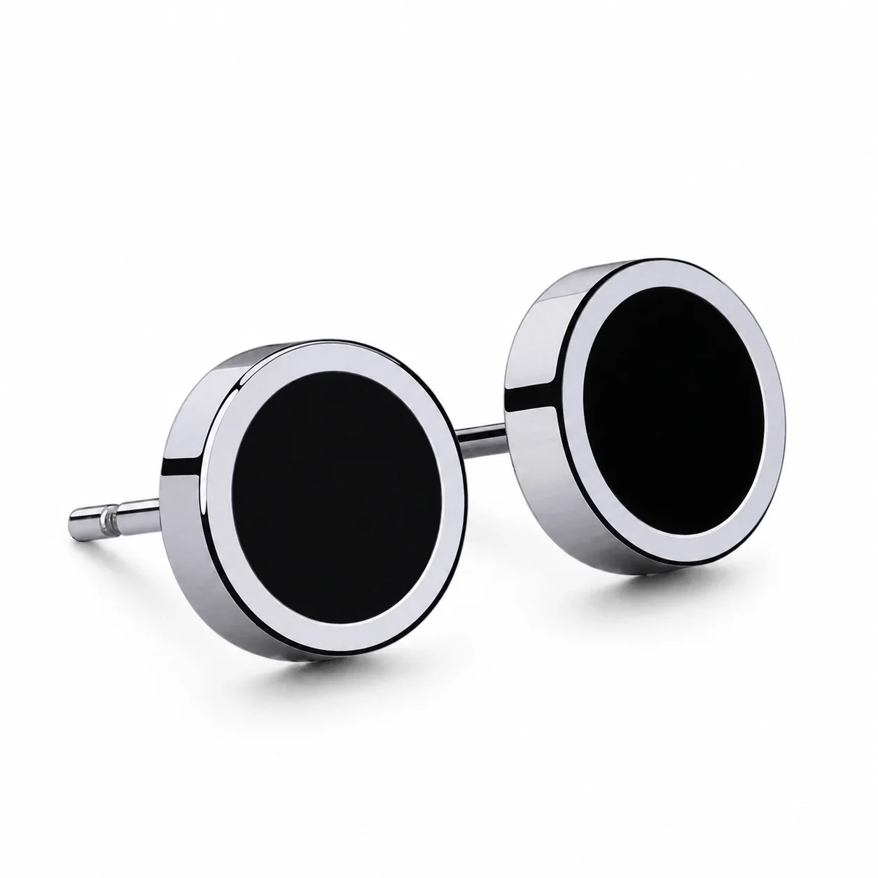 Minimal Silver-Plated Stainless Steel Black Disc Stud Earrings