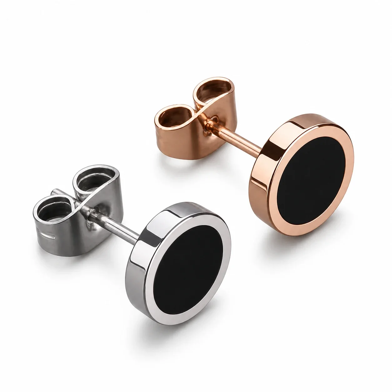 Minimal Silver-Plated Stainless Steel Black Disc Stud Earrings