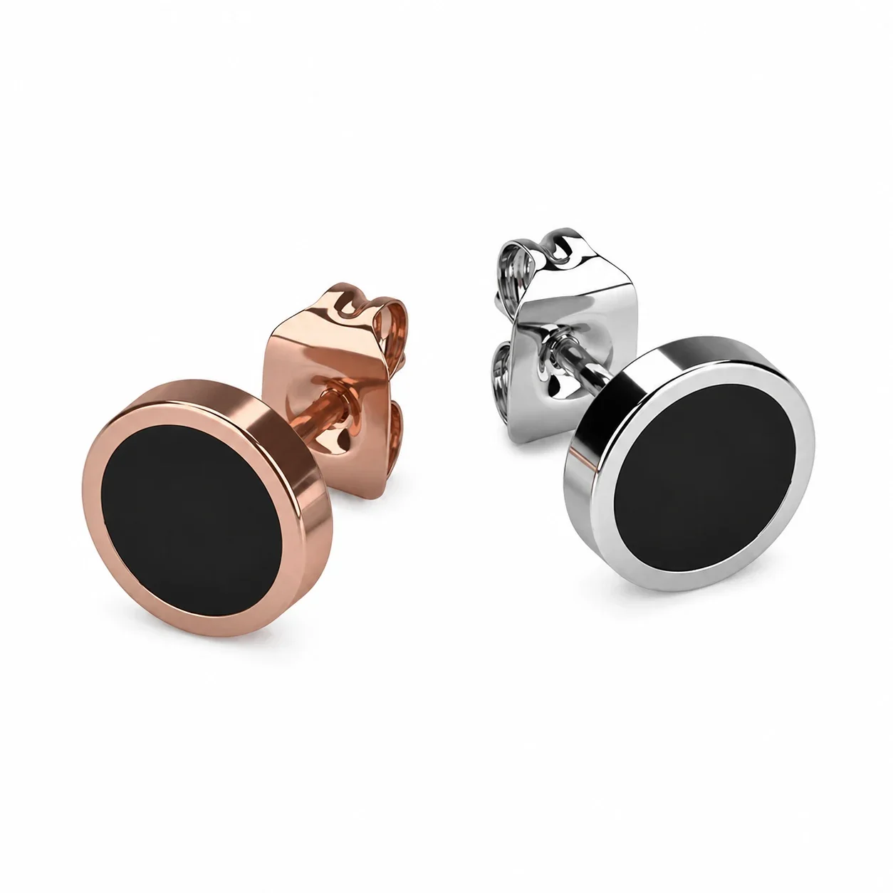Minimal Silver-Plated Stainless Steel Black Disc Stud Earrings