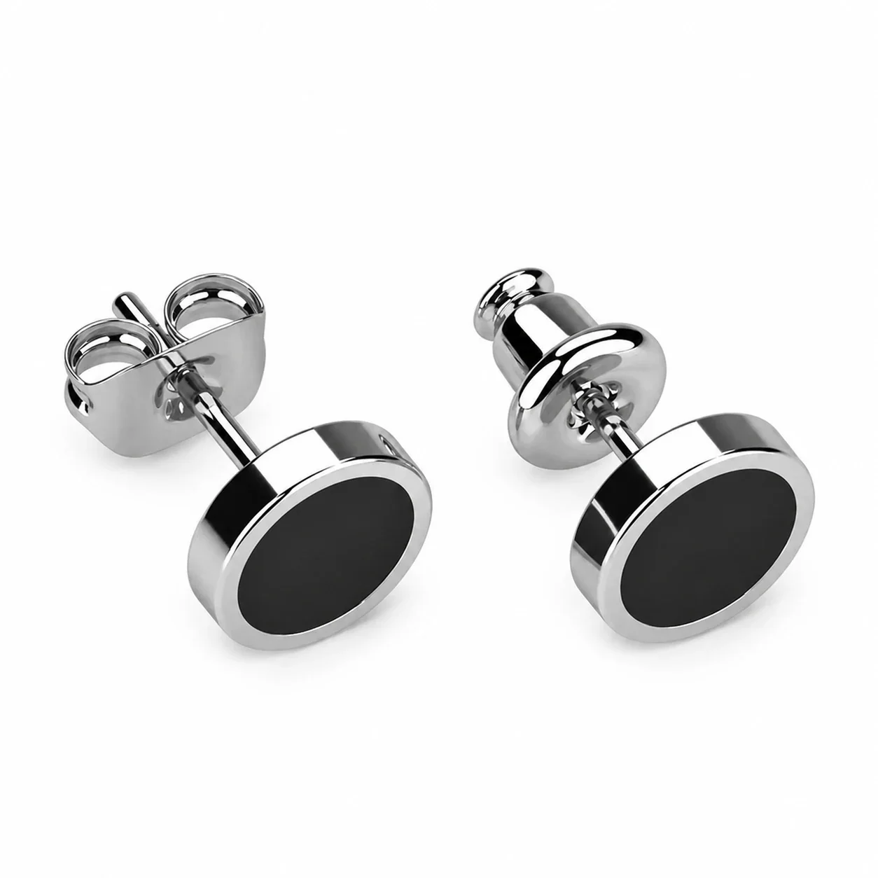 Minimal Silver-Plated Stainless Steel Black Disc Stud Earrings