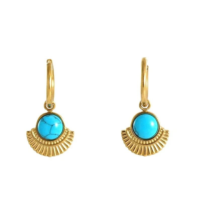 Ornate Gold-Plated Round Turquoise Fan Drop Hoop Earrings