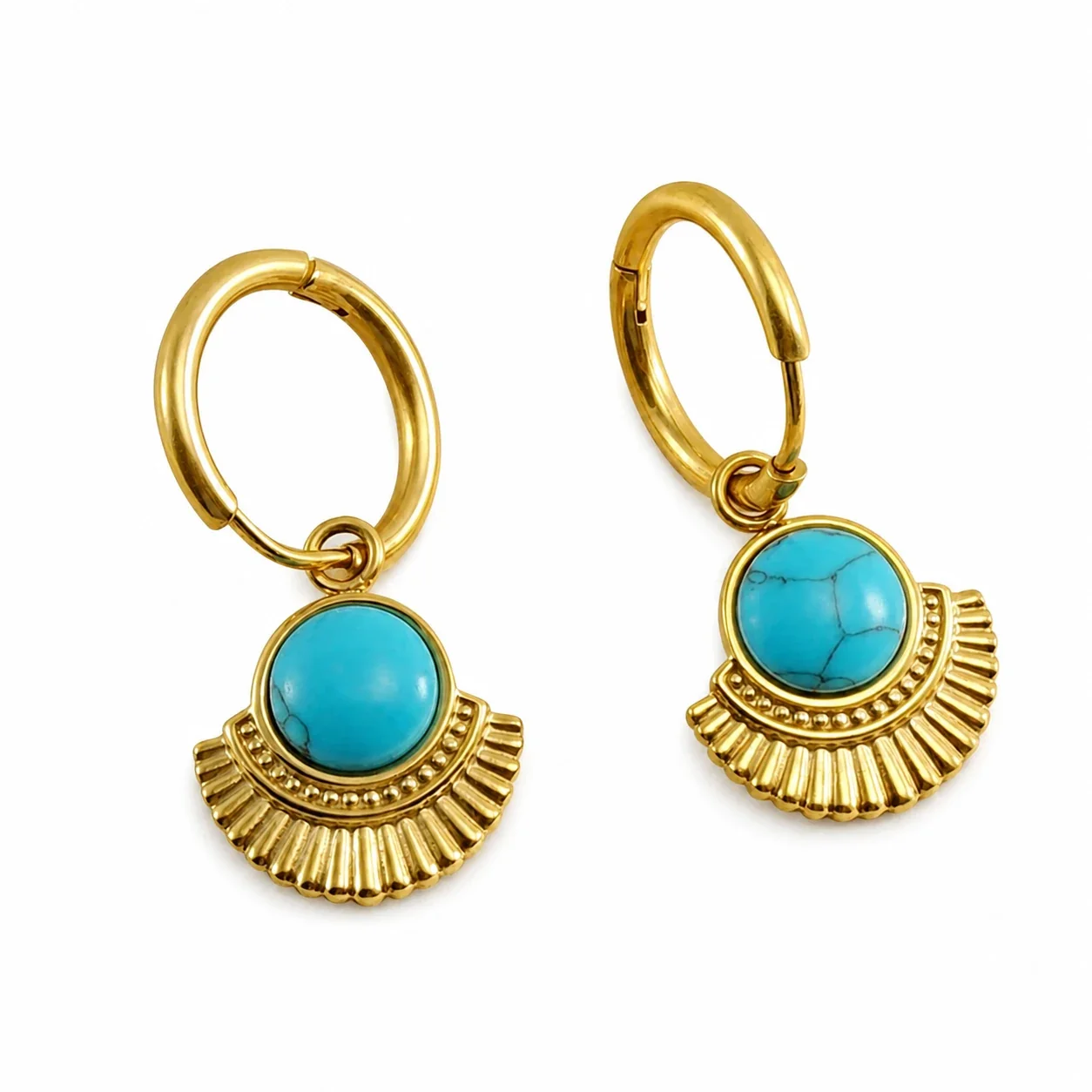 Ornate Gold-Plated Round Turquoise Fan Drop Hoop Earrings