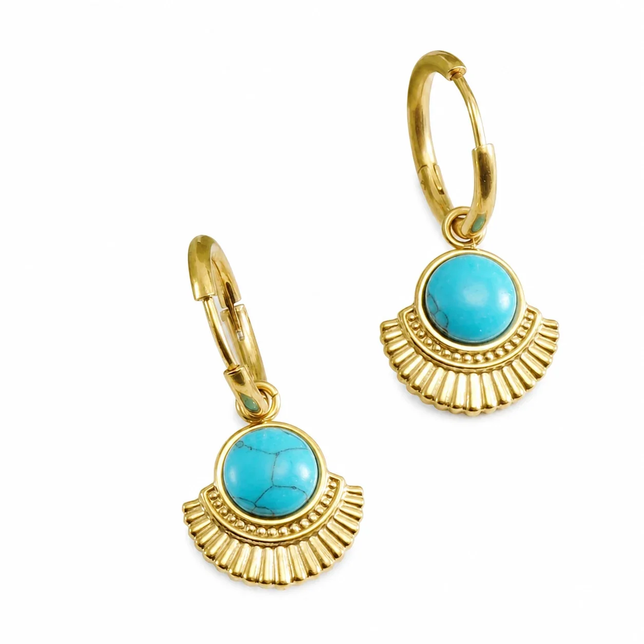 Ornate Gold-Plated Round Turquoise Fan Drop Hoop Earrings