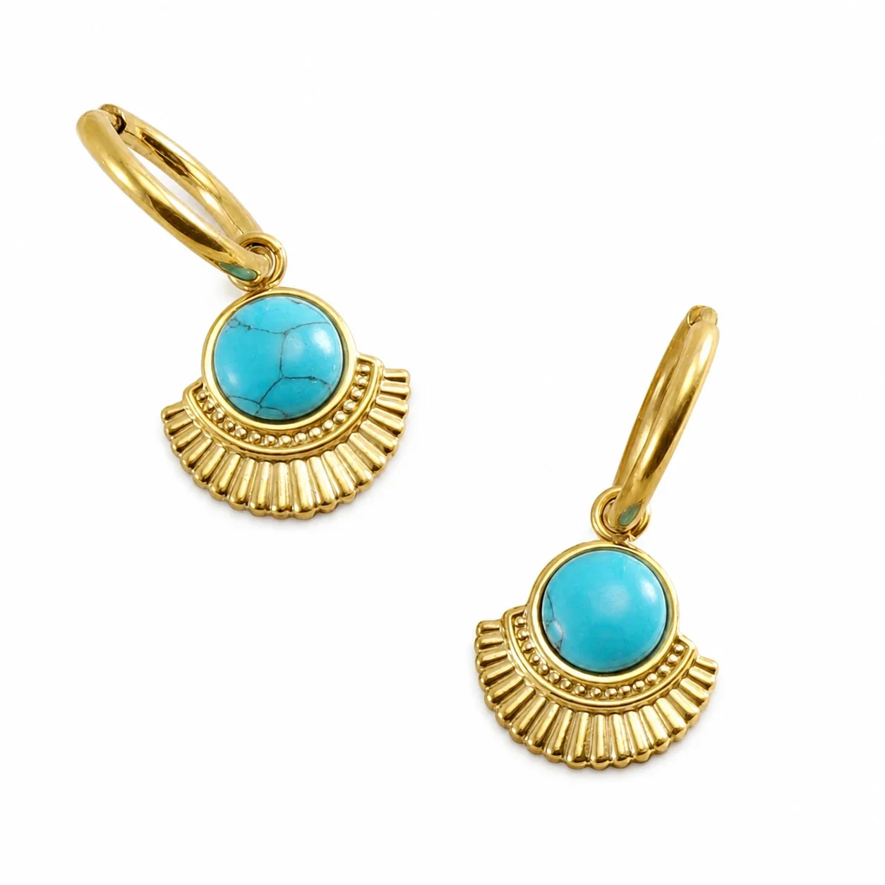 Ornate Gold-Plated Round Turquoise Fan Drop Hoop Earrings