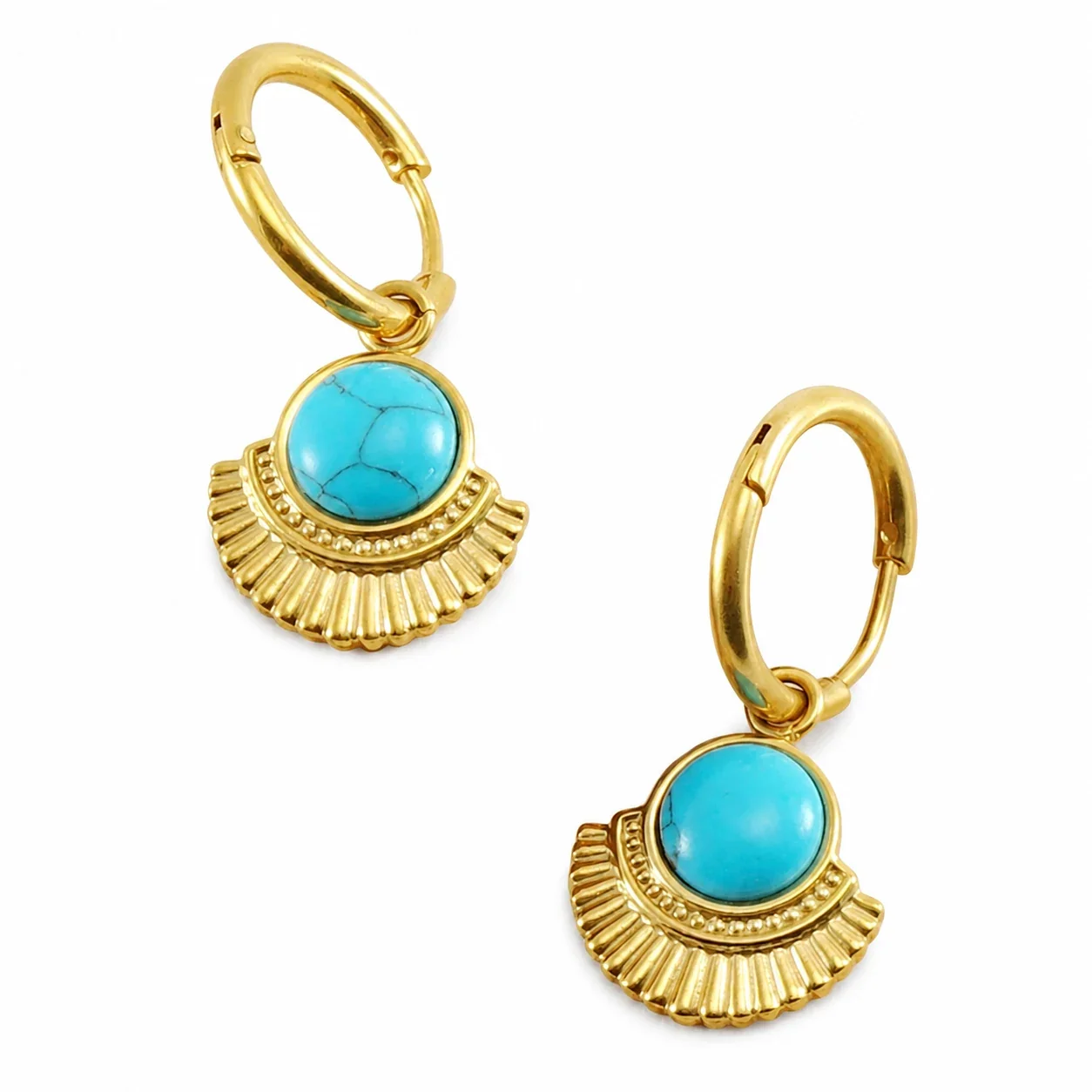 Ornate Gold-Plated Round Turquoise Fan Drop Hoop Earrings