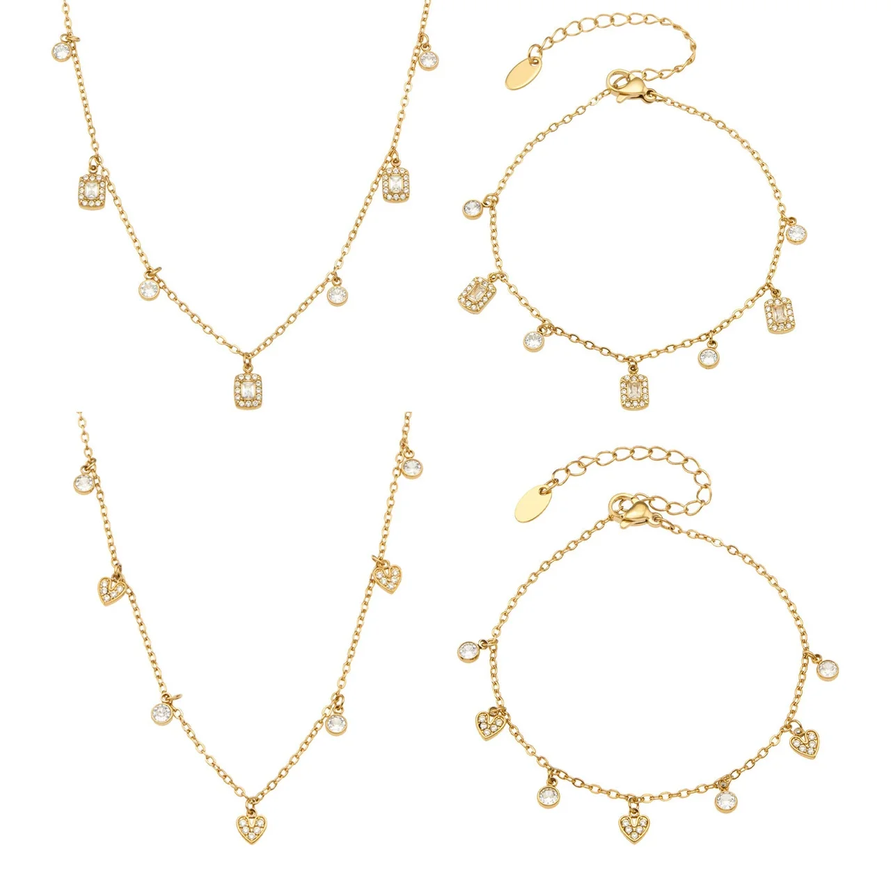 Delicate 18K Gold PVD 316 Stainless Steel CZ Heart & Square Jewelry Set