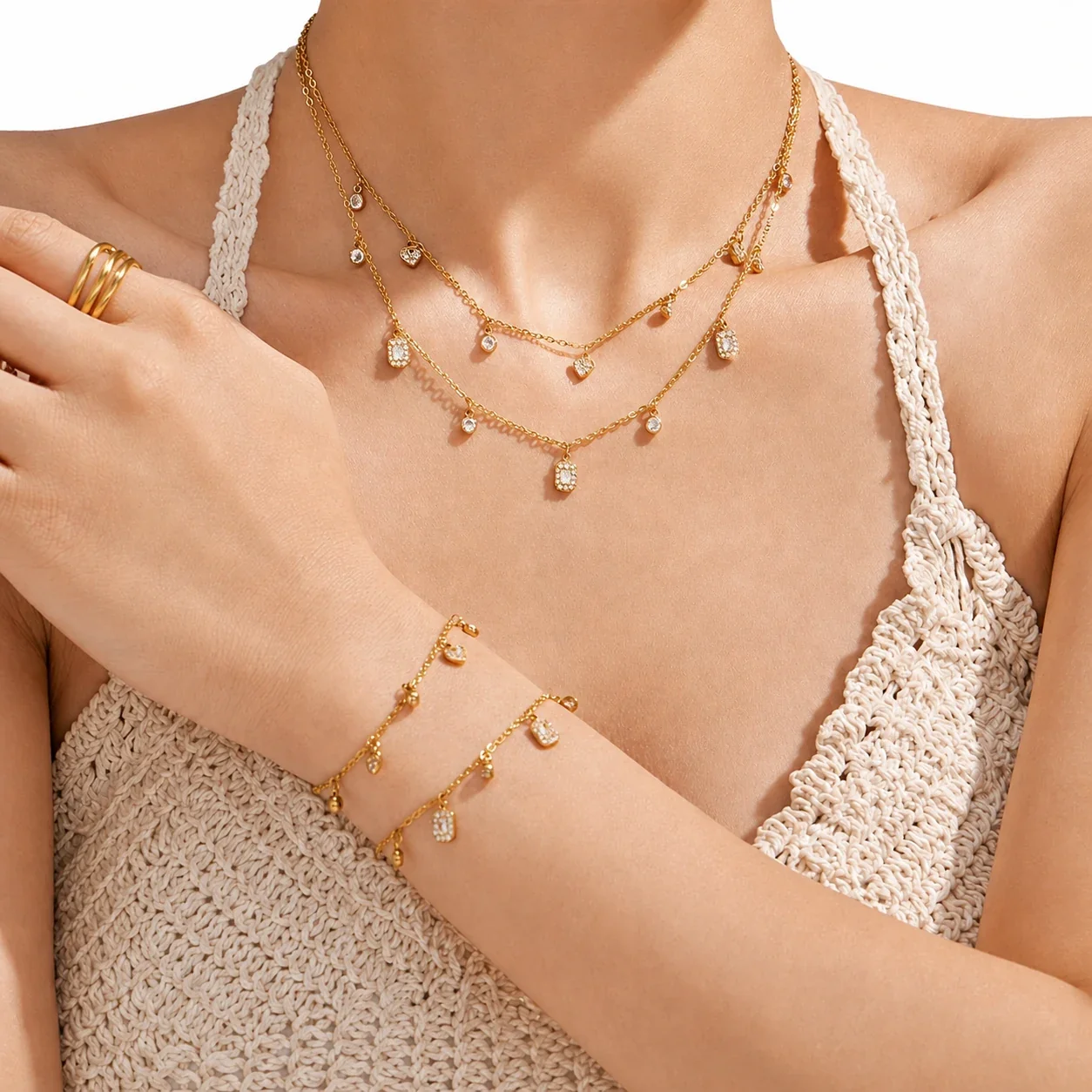 Delicate 18K Gold PVD 316 CZ Heart & Square Jewelry Set