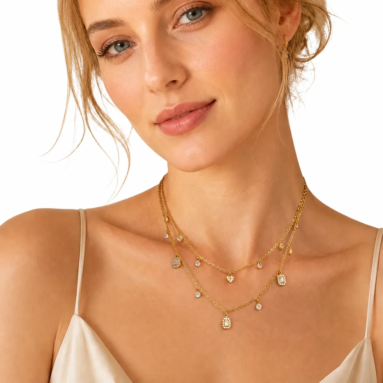 Delicate 18K Gold PVD 316 CZ Heart & Square Jewelry Set