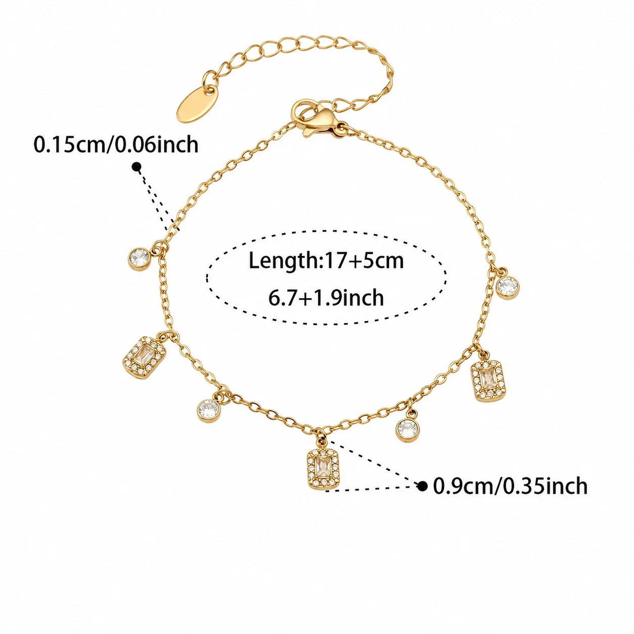 Delicate 18K Gold PVD 316 CZ Heart & Square Jewelry Set - Gold Square CZ 17+5 cm