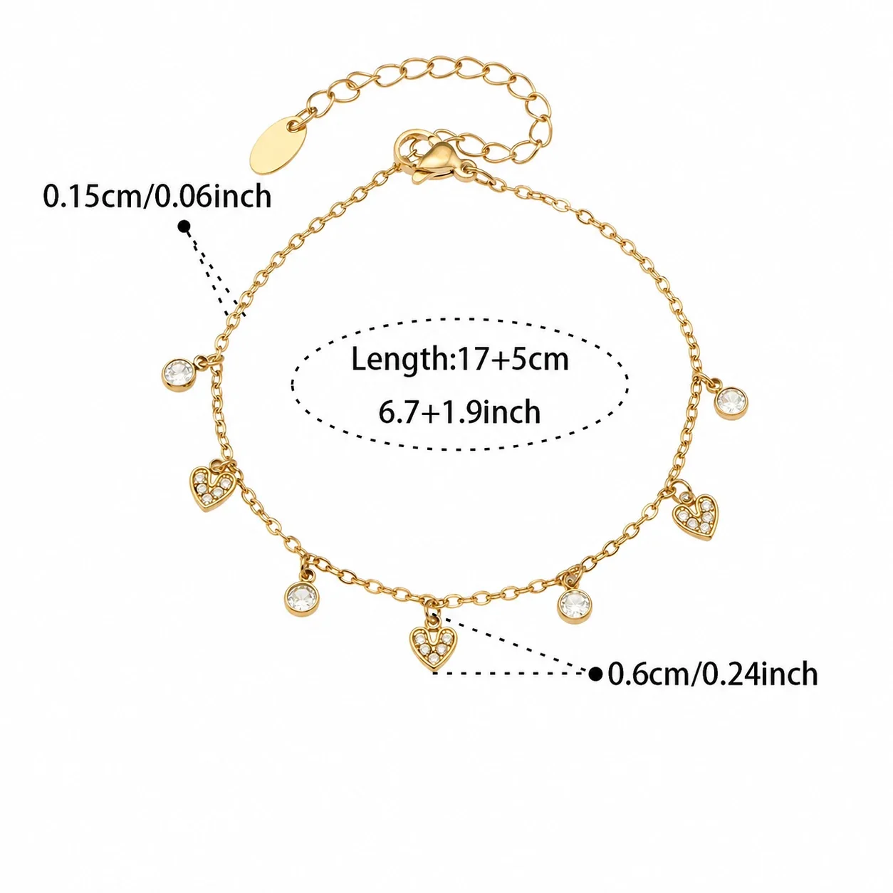 Delicate 18K Gold PVD 316 CZ Heart & Square Jewelry Set - Gold Heart CZ 17+5 cm