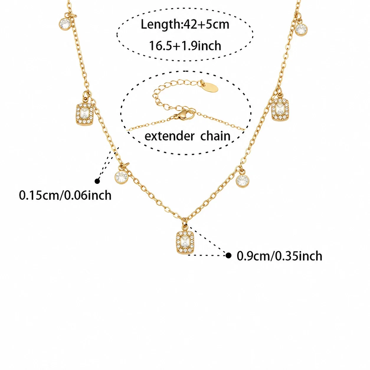 Delicate 18K Gold PVD 316 CZ Heart & Square Jewelry Set - Gold Square CZ 42+5 cm