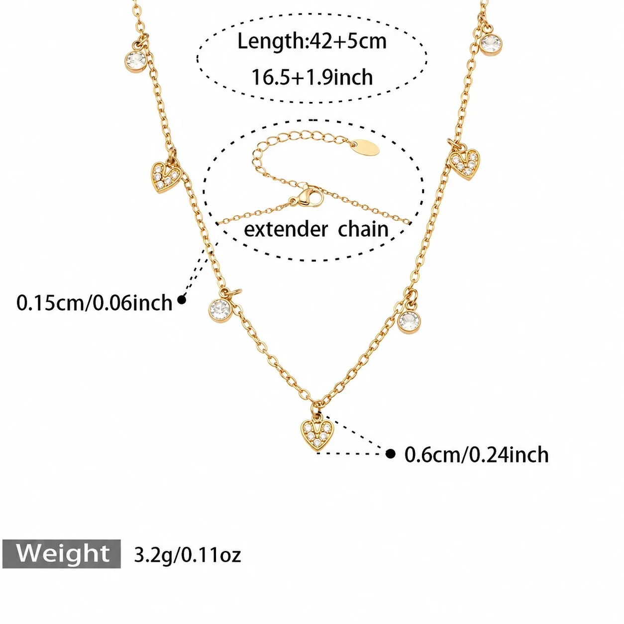 Delicate 18K Gold PVD 316 CZ Heart & Square Jewelry Set - Gold Heart CZ 42+5 cm