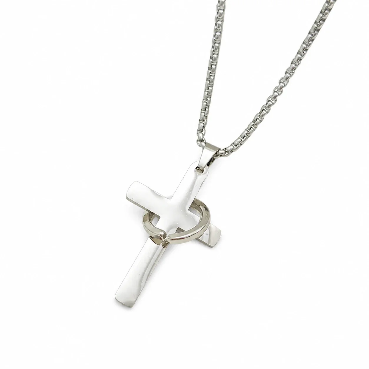 Sleek Stainless Steel Cross Pendant Box Chain Necklace