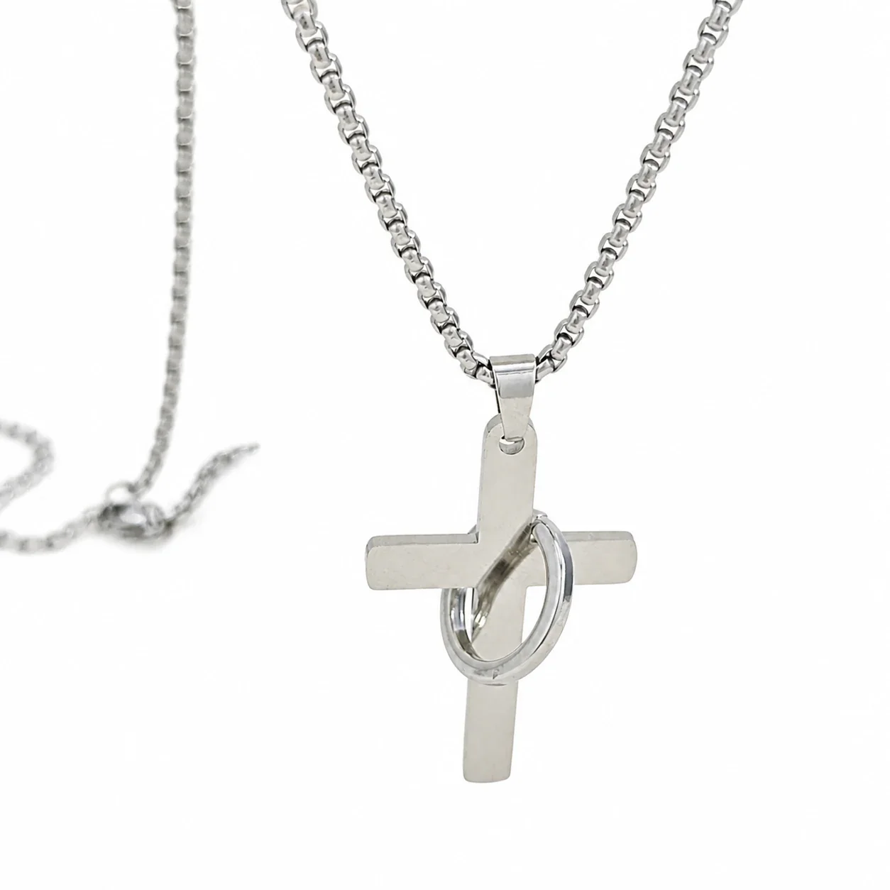 Sleek Stainless Steel Cross Pendant Box Chain Necklace