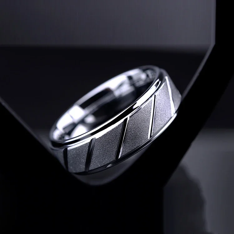 Ring: Wide Band Diagonal Groove Matte Stainless Steel