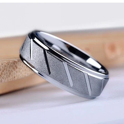 Ring: Wide Band Diagonal Groove Matte Stainless Steel