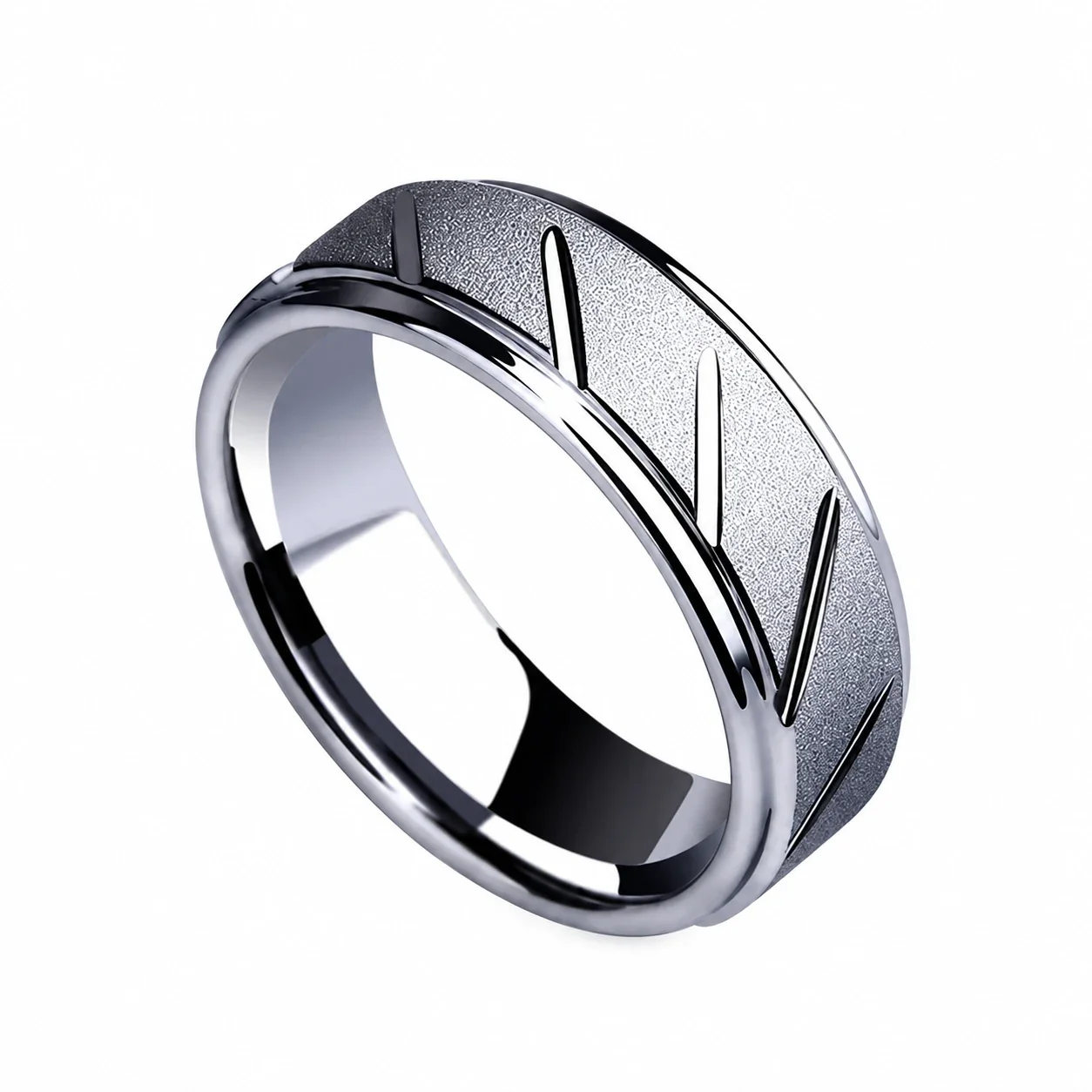Ring: Wide Band Diagonal Groove Matte Stainless Steel