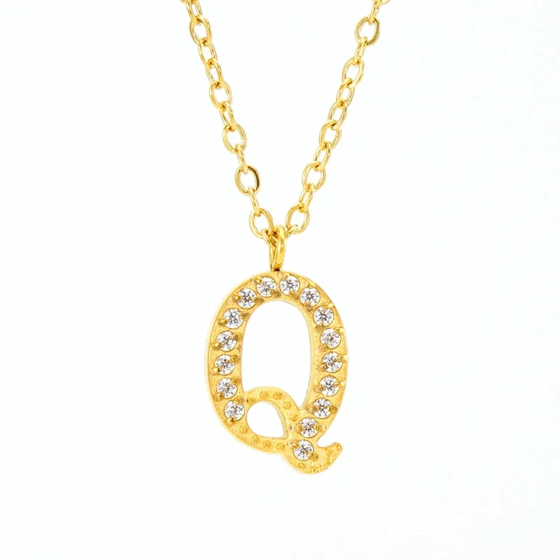 Sparkling Gold PVD Pavé Initial Pendant Necklace - Letter Q