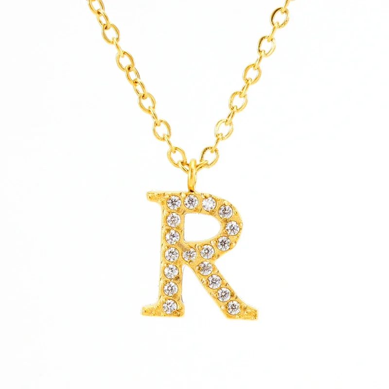 Sparkling Gold PVD Pavé Initial Pendant Necklace - Letter R